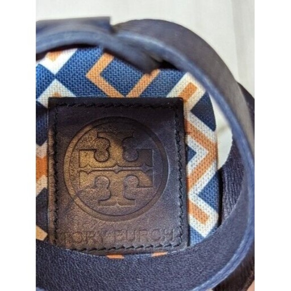 TORY BURCH Orange Blue Canvas Leather Espadrille Criss Cross Strappy Wedge Heels - Picture 5 of 12